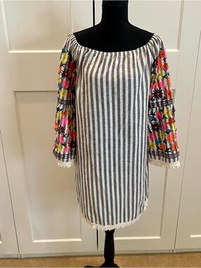 Philosophy Pink Label Dress Gray and White Stripes, Floral Embroidered Sleeves